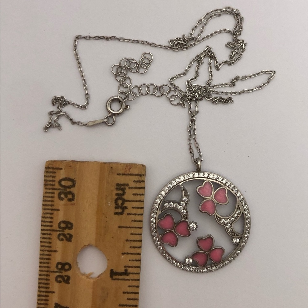925 Silver clover necklace handmade pink enamel cz - Picture 2 of 4